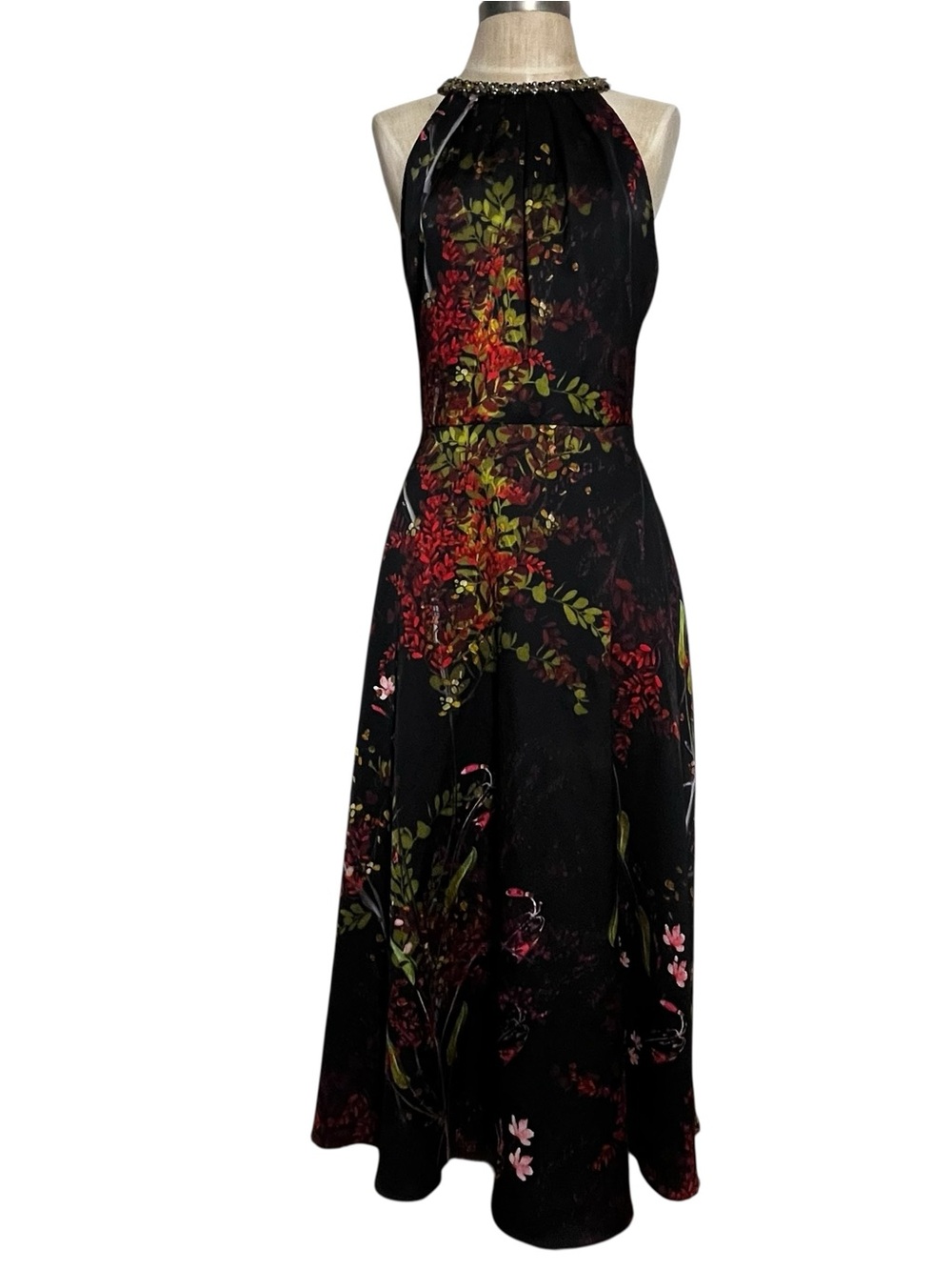 Rickie Freeman Teri Jon Floral-Print Charmeuse Bejeweled Halter Dress Size 8 - Picture 3 of 15